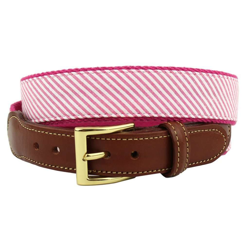 Country Club Prep Seersucker Leather Tab Belt in Hot Pink