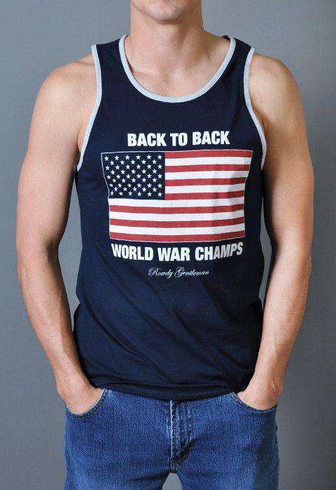 Rowdy Gentleman Back to Back World War Champs Tank Top in Navy Country Club Prep