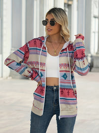 Geometric Zip Up Long Sleeve Hooded Jacket - Country Club Prep