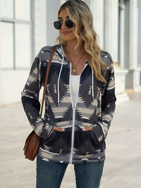 Geometric Zip Up Long Sleeve Hooded Jacket - Country Club Prep