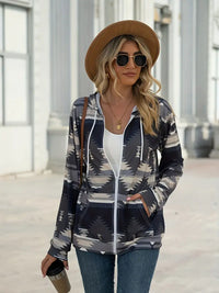 Geometric Zip Up Long Sleeve Hooded Jacket - Country Club Prep