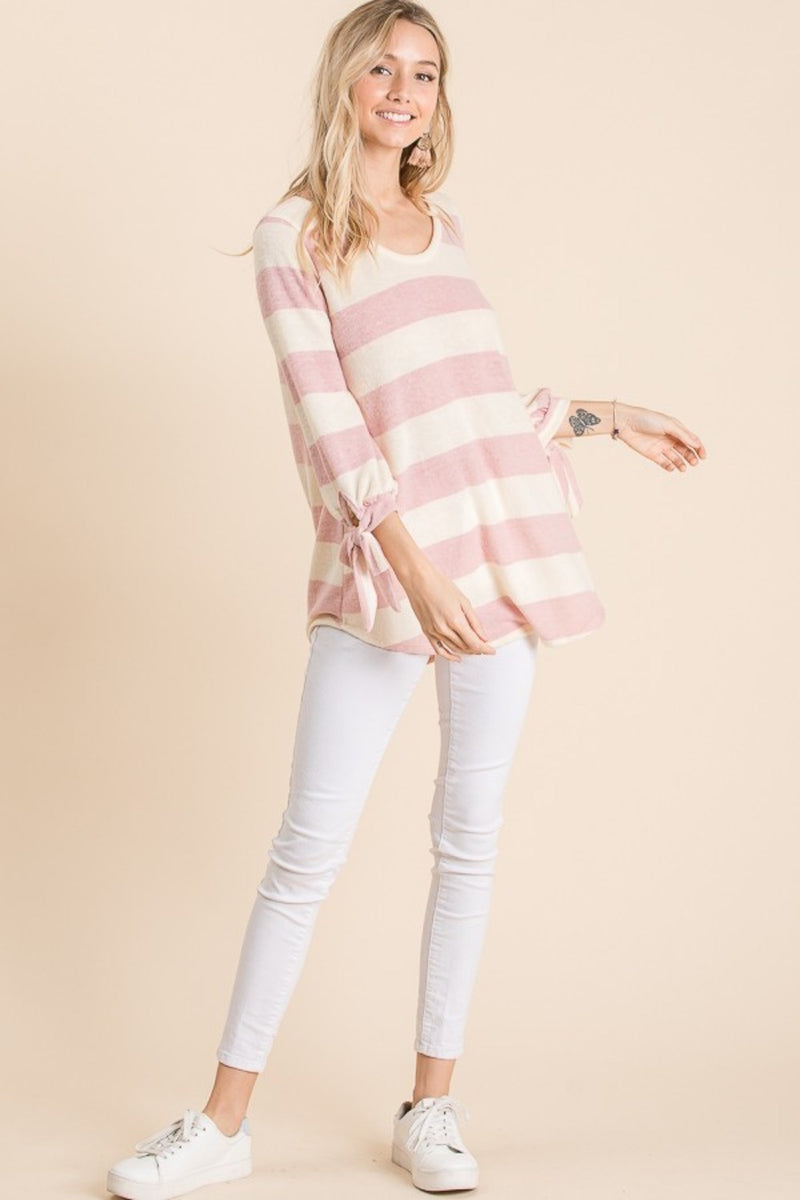 Reborn J Ribbon Cuff Contrast Striped Hacci Top - Country Club Prep