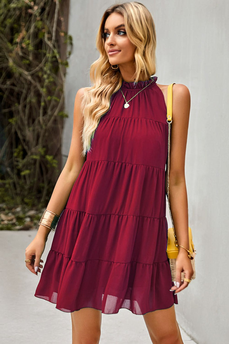 Tie Back Ruffle Collar Tiered Dress - Country Club Prep