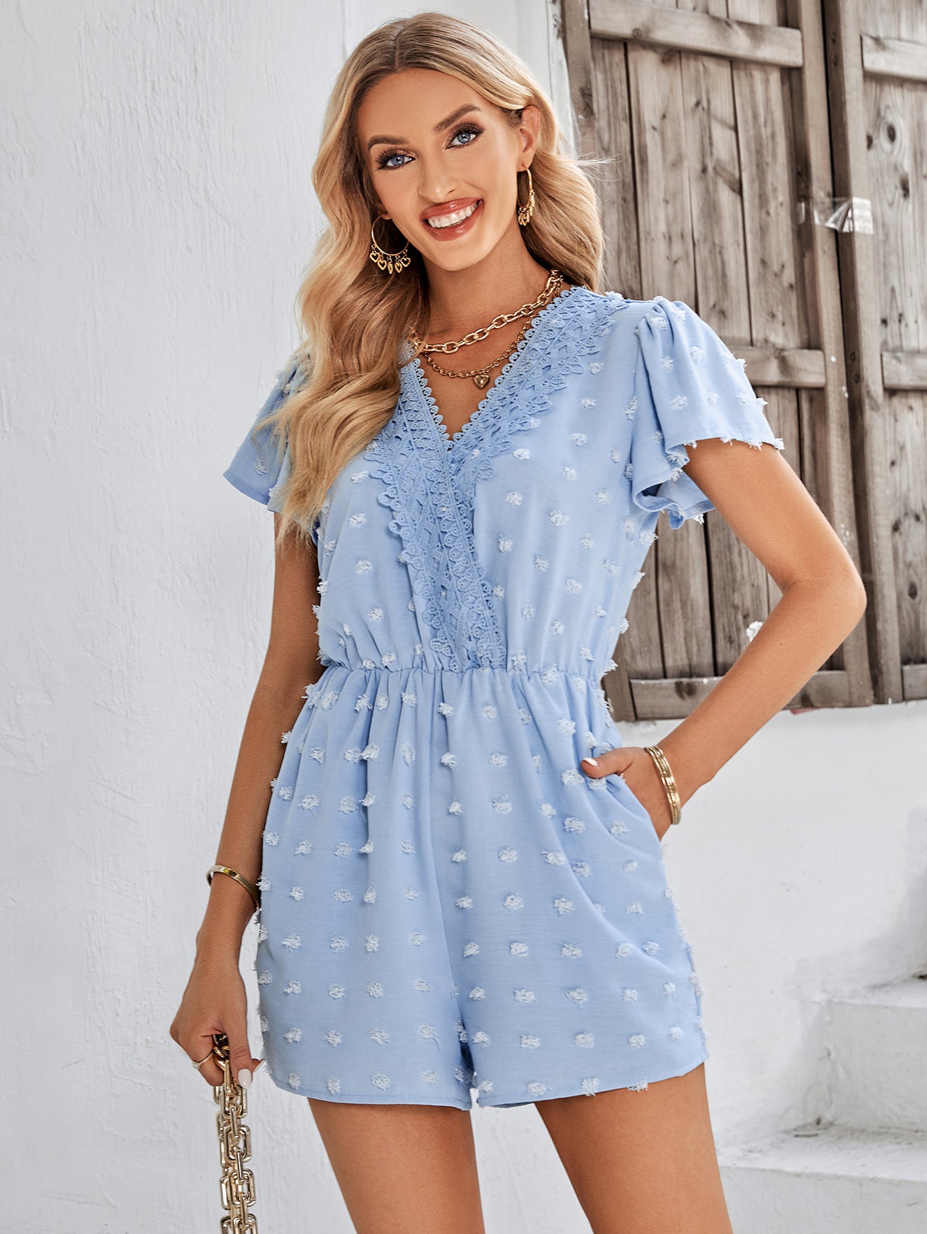 Swiss Dot Lace Trim Flutter Sleeve Romper with Pockets Misty Blue / S