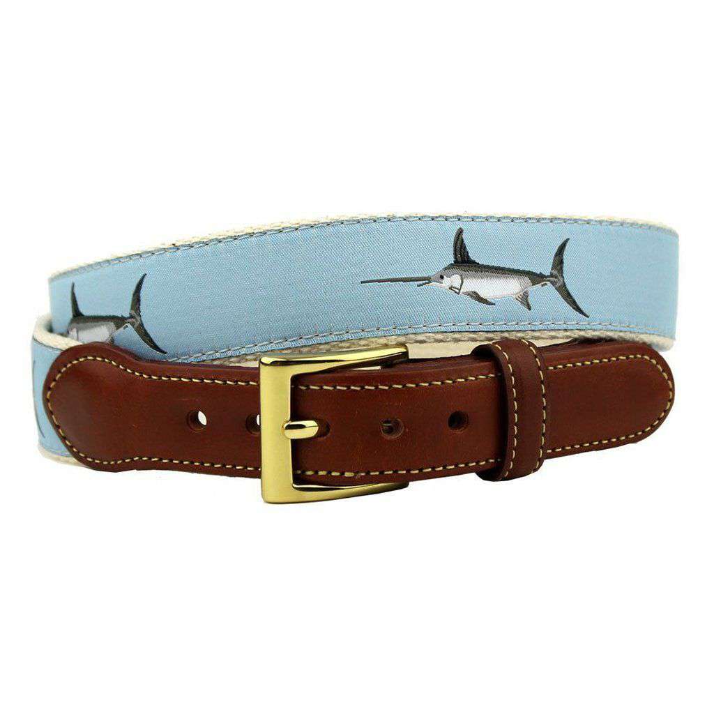 Country Club Prep Affable Swordfish Leather Tab Belt in Light Blue