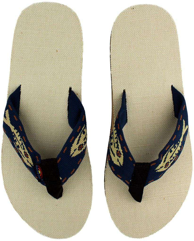 Rainbow Sandals Natural Hemp Top Single Layer Arch Sandal with Navy Gold Fish Strap Country Club Prep