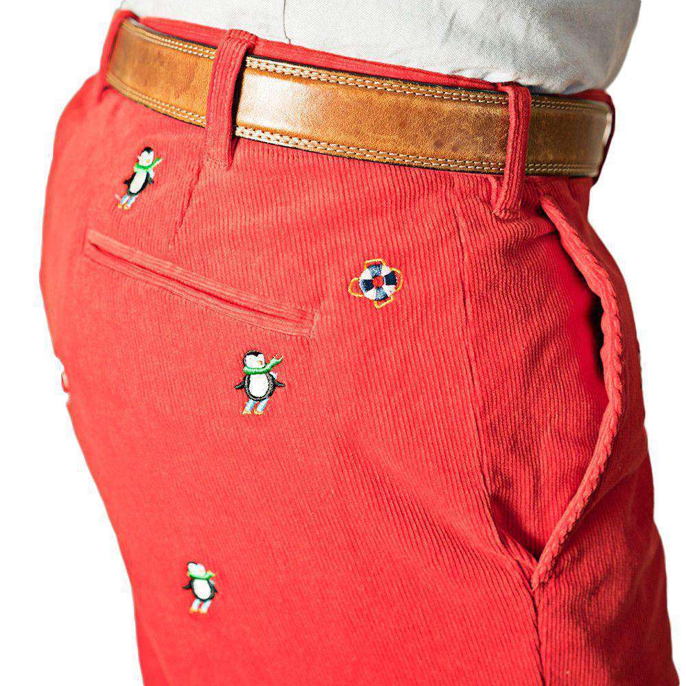 Beachcomber Corduroy Pants in Crimson with Embroidered Downhill Penguin by  Castaway Clothing