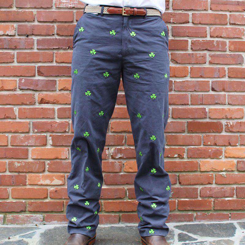 Embroidered Harbor Pants in Nantucket Navy with Shamrocks by Castaway  Clothing