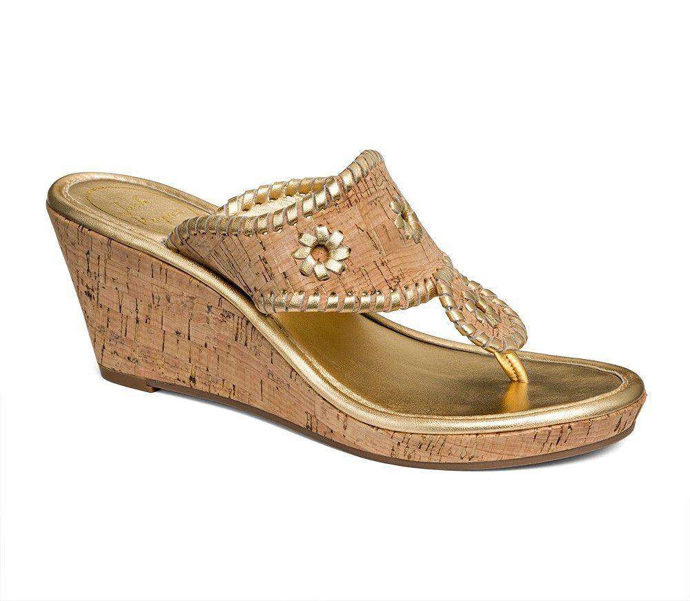 Jack Rogers Marbella Wedge Sandal in Cork and Gold Country Club Prep